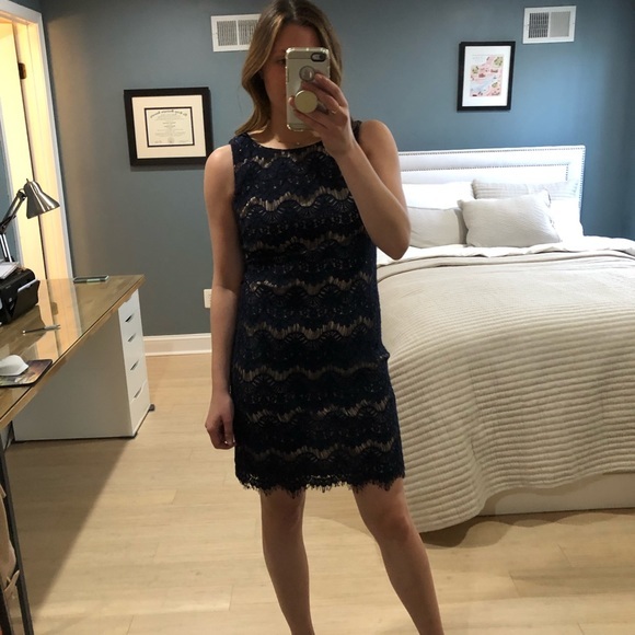 Eliza J Scoop Neck Lace Sheath Cocktail Dress Sheer Navy Cream Tan Lining 2 - Picture 3 of 7